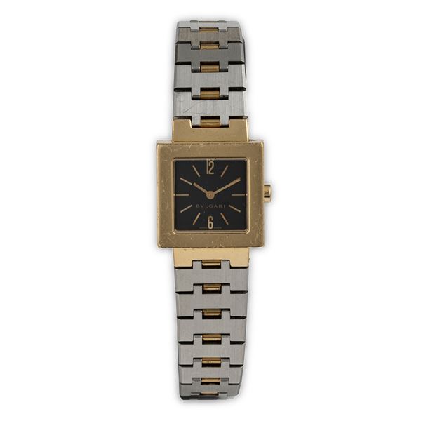 Bulgari - Quadrato ref. SQ 22 G in oro giallo 18k con bracciale in acciaio, quadrante nero, movimento al quarzo, 22 mm