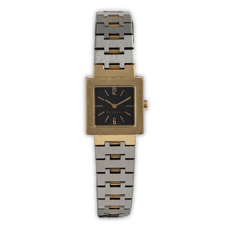 Bulgari : Quadrato ref. SQ 22 G in oro giallo 18k con bracciale in acciaio, quadrante nero, movimento al quarzo, 22 mm  - Auction Orologi da polso - Cambi Casa d'Aste