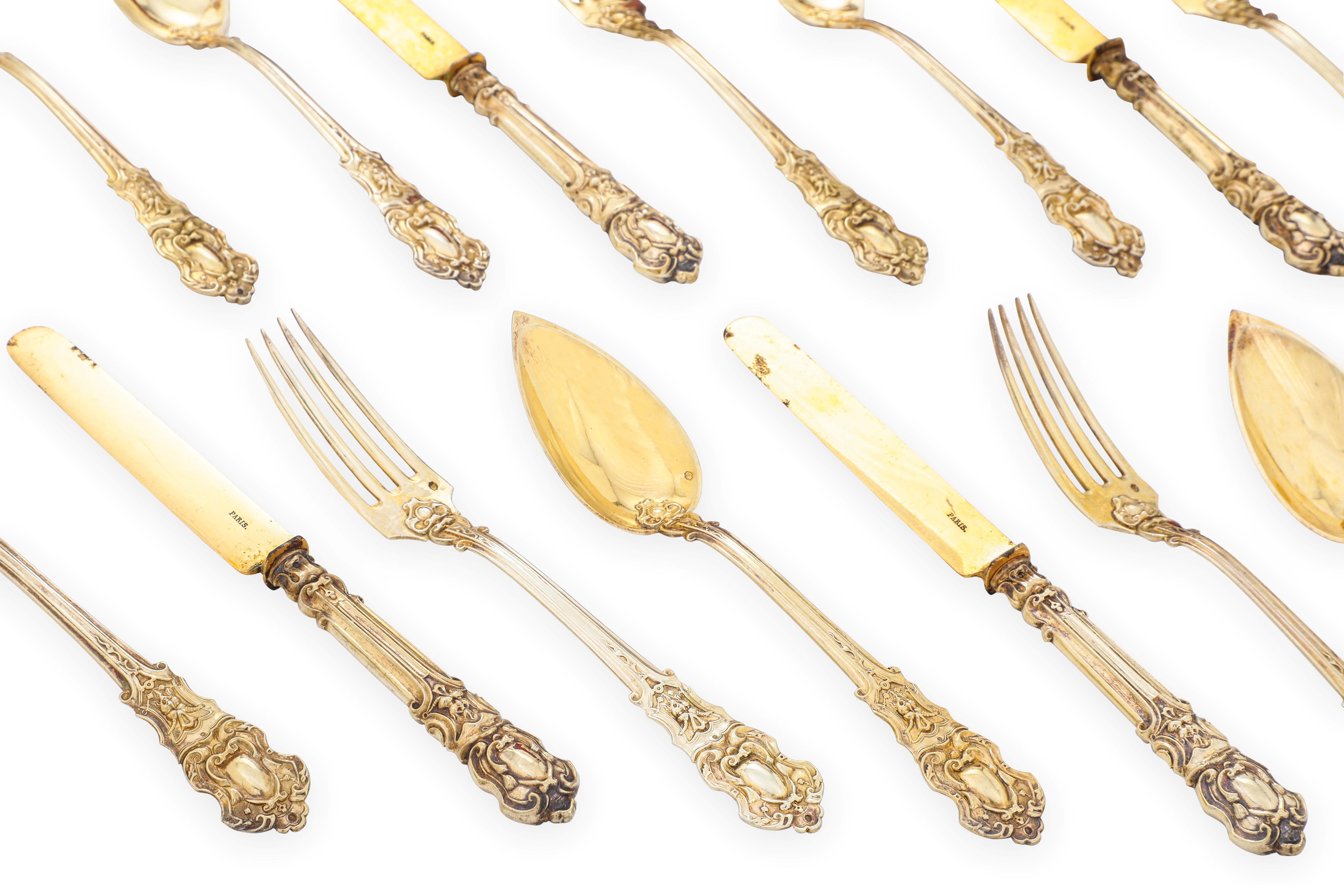 Servizio da dessert, argento fuso sagomato e dorato, marchi francesi di esportazione (1839-1878)