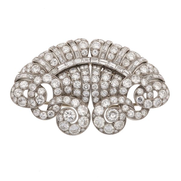 Diamond, platinum and gold double clip booch. Engraved Bulgari