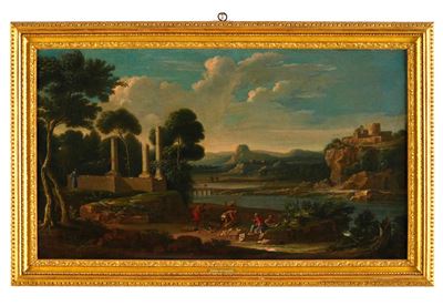 Scuola romana del XVIII secolo, Paesaggio fluviale con figure e rovine, olio su tela