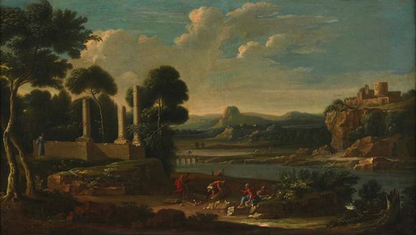 Scuola romana del XVIII secolo Paesaggio fluviale con figure e rovine