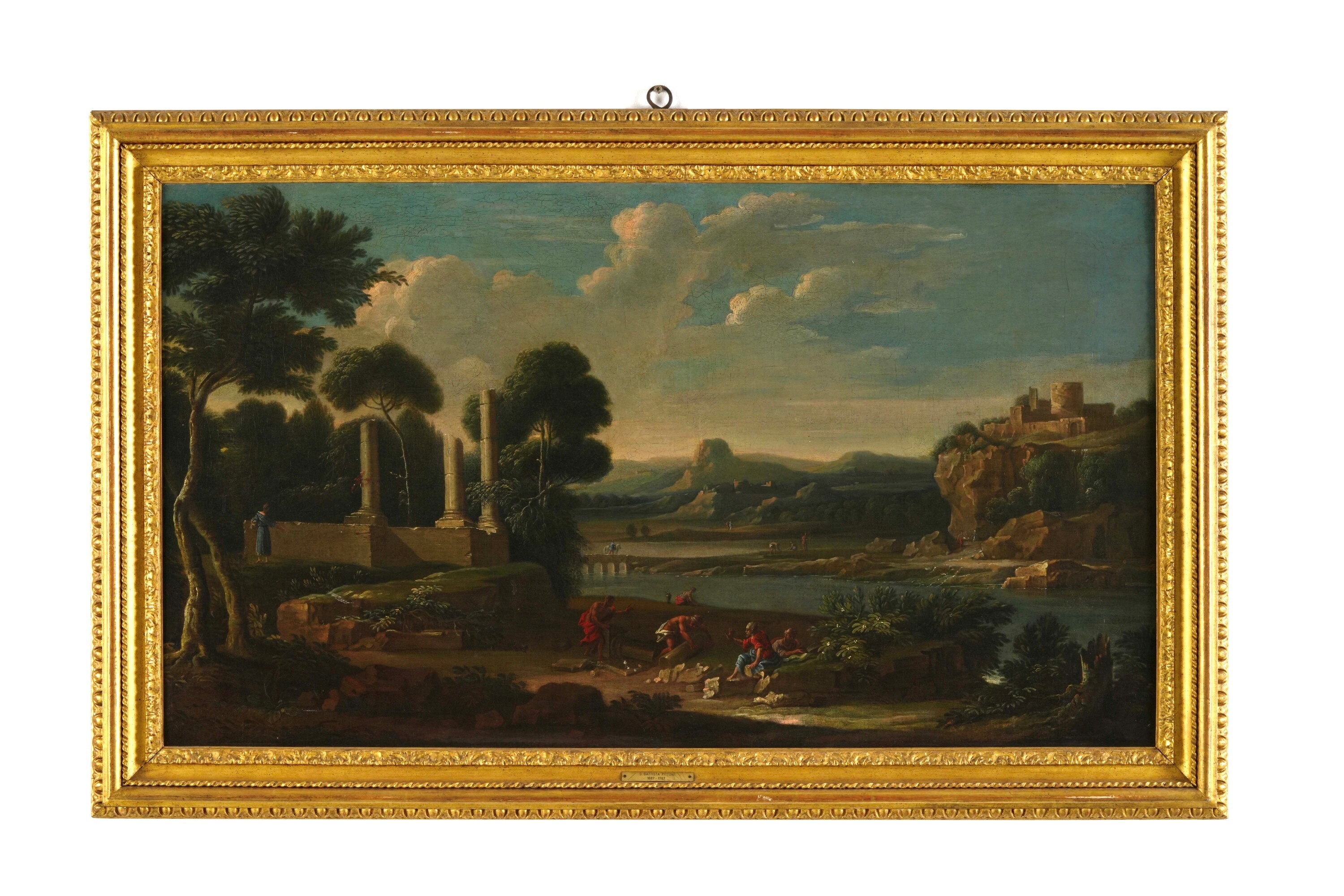 Scuola romana del XVIII secolo, Paesaggio fluviale con figure e rovine, olio su tela