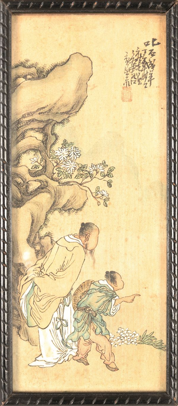 Dipinto su seta raffigurante due personaggi con iscrizioni, Cina, XX secolo