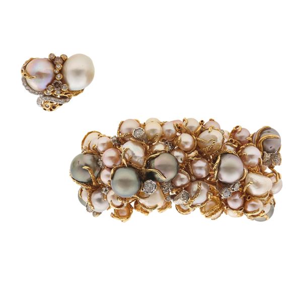 Pearl, diamond and gold demi-parure