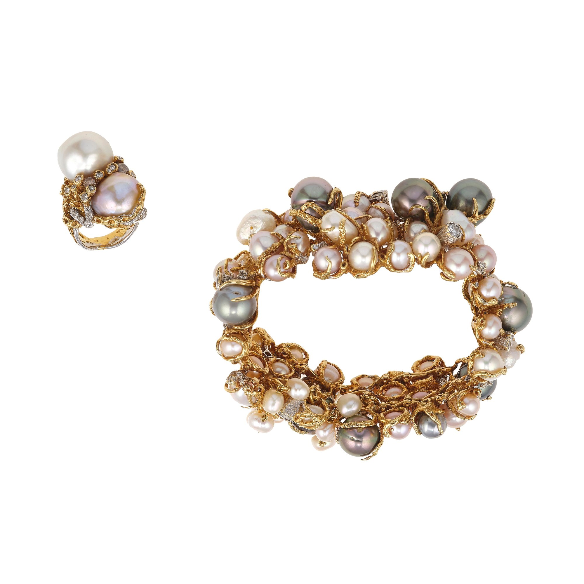 Demi Parure Composta da Bracciale ed Anello con Perle e Piccoli Diamanti
