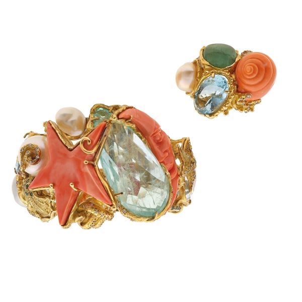 Aquamarine, coral, gem-set and gold demi-parure. Signed G. D'Avossa