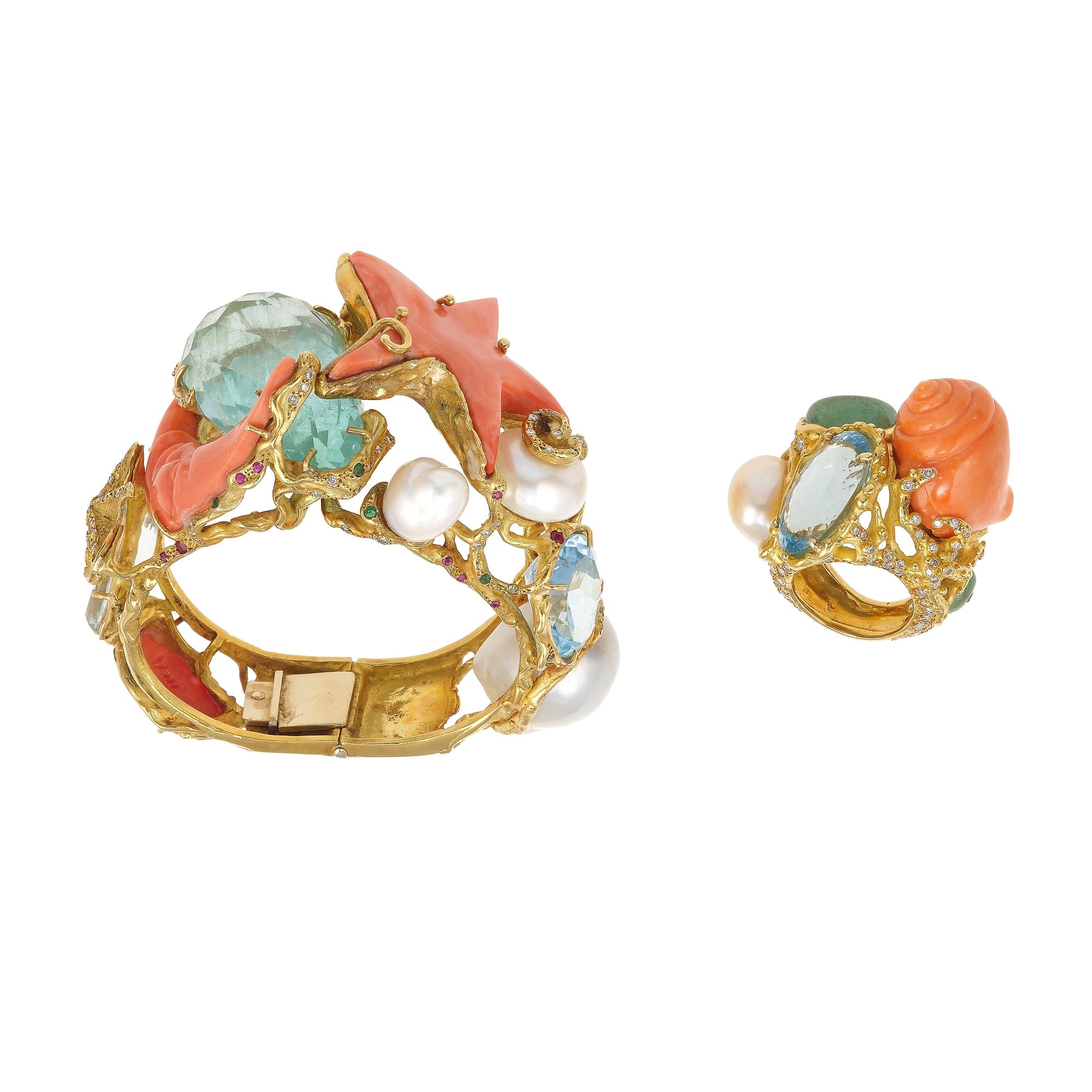 G. D'Avossa. Demi-parure composta bracciale e anello con perle, acquamarina, topazi, diamanti, sm...