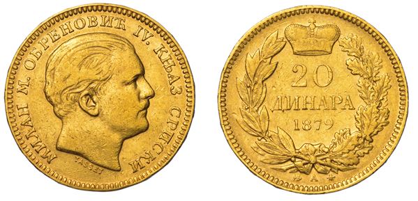 SERBIA. MILAN OBRENOVIC IV, 1868-1889. 20 Dinara 1879.