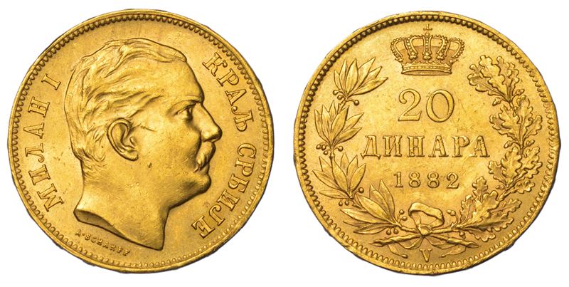 SERBIA. MILAN OBRENOVIC IV, 1868-1889. 20 Dinara 1882.  - Auction Light Numismatics - Cambi Casa d'Aste