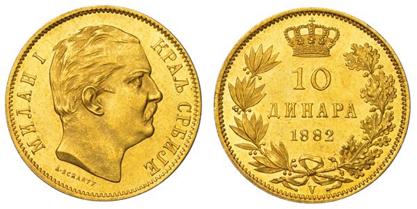 SERBIA. MILAN OBRENOVIC IV, 1868-1889. 10 Dinara 1882.