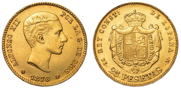 SPAGNA. ALFONSO XII, 1874-1885.   25 Pesetas 1876. Riconio 1962.