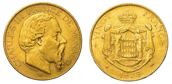 MONACO. CHARLES III, 1856-1889. 20 Francs 1878.
