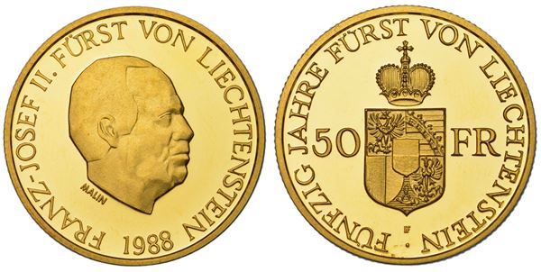 LIECHTENSTEIN - PRINCIPATO. FRANZ JOSEPH II, 1938-1989. 50 Franken 1988.