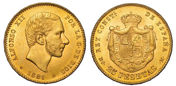 SPAGNA. ALFONSO XII, 1874-1885. 25 Pesetas 1881.