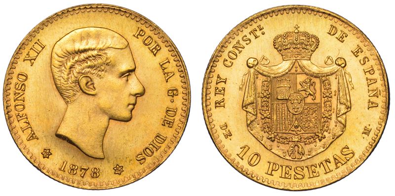 SPAGNA. ALFONSO XII, 1874-1885. 10 Pesetas 1878. Riconio 1962.  - Auction Light Numismatics - Cambi Casa d'Aste