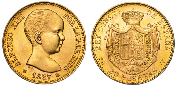 SPAGNA. ALFONSO XIII, 1885-1931. 20 Pesetas 1887. Riconio 1962.