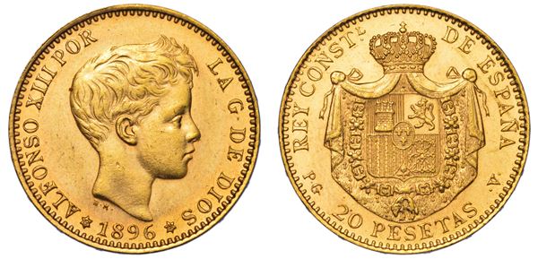 SPAGNA. ALFONSO XIII, 1885-1931. 20 Pesetas 1896. Riconio 1961.