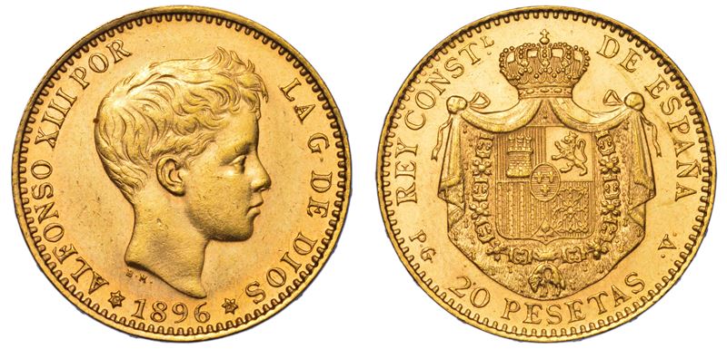 SPAGNA. ALFONSO XIII, 1885-1931. 20 Pesetas 1896. Riconio 1961.  - Asta Numismatica Light - Cambi Casa d'Aste