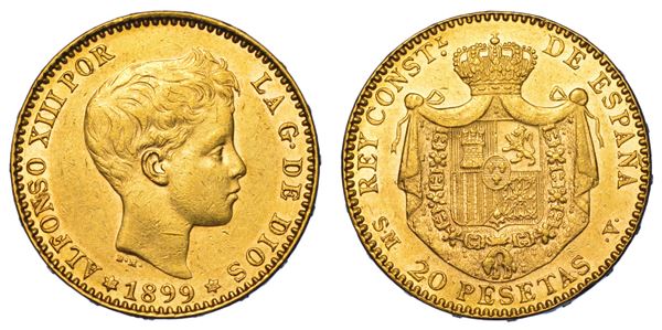 SPAGNA. ALFONSO XIII, 1885-1931. 20 Pesetas 1899.