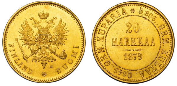 FINLANDIA - OCCUPAZIONE RUSSA. ALEKSANDR II, 1855-1881. 20 Markkaa 1879.