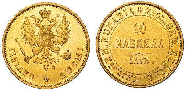 FINLANDIA - OCCUPAZIONE RUSSA. ALEKSANDR II, 1855-1881. 10 Markkaa 1878.
