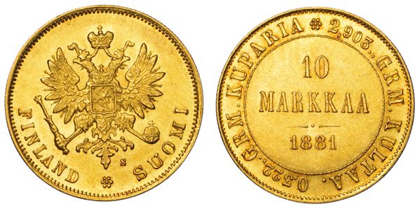 FINLANDIA - OCCUPAZIONE RUSSA. ALEKSANDR III, 1881-1894. 10 Markkaa 1881.