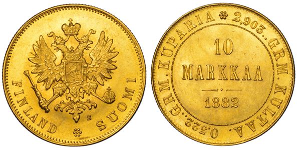 FINLANDIA - OCCUPAZIONE RUSSA. RUSSIA. ALEKSANDR III, 1881-1894. 10 Markkaa 1882.