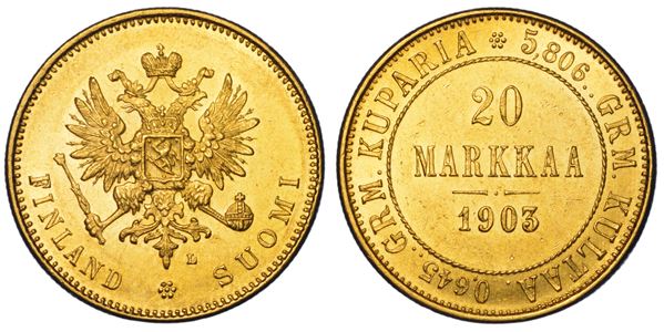 FINLANDIA - OCCUPAZIONE RUSSA. RUSSIA. NIKOLAJ II, 1894-1917. 20 Markkaa 1903.