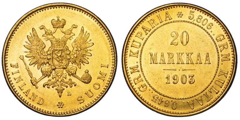 FINLANDIA - OCCUPAZIONE RUSSA. RUSSIA. NIKOLAJ II, 1894-1917. 20 Markkaa 1903.  - Auction Light Numismatics - Cambi Casa d'Aste