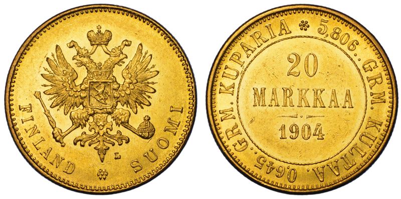 FINLANDIA - OCCUPAZIONE RUSSA. RUSSIA. NIKOLAJ II, 1894-1917. 20 Markkaa 1904.  - Auction Light Numismatics - Cambi Casa d'Aste