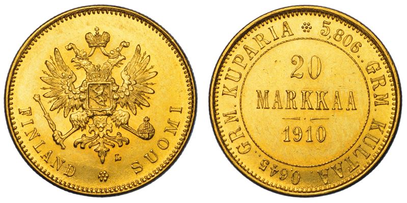 FINLANDIA - OCCUPAZIONE RUSSA. RUSSIA. NIKOLAJ II, 1894-1917. 20 Markkaa 1910.  - Asta Numismatica Light - Cambi Casa d'Aste