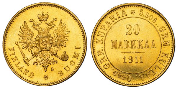 FINLANDIA - OCCUPAZIONE RUSSA. RUSSIA. NIKOLAJ II, 1894-1917. 20 Markkaa 1911.