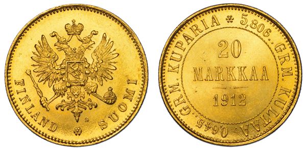 FINLANDIA - OCCUPAZIONE RUSSA. RUSSIA. NIKOLAJ II, 1894-1917. 20 Markkaa 1912.