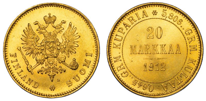 FINLANDIA - OCCUPAZIONE RUSSA. RUSSIA. NIKOLAJ II, 1894-1917. 20 Markkaa 1912.  - Asta Numismatica Light - Cambi Casa d'Aste