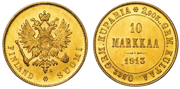 FINLANDIA - OCCUPAZIONE RUSSA. RUSSIA. NIKOLAJ II, 1894-1917. 10 Markkaa 1913.