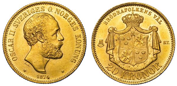 SVEZIA. OSKAR II, 1872-1907. 20 Kronor 1874.