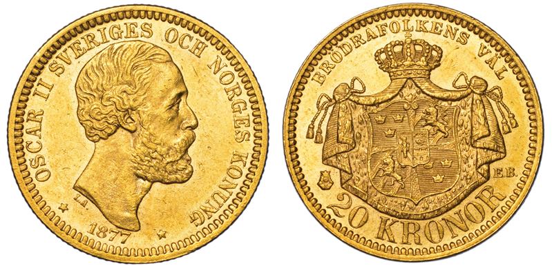 SVEZIA. OSKAR II, 1872-1907 20 Kronor 1877.  - Asta Numismatica Light - Cambi Casa d'Aste