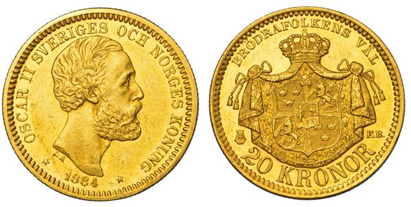 SVEZIA. OSKAR II, 1872-1907. 20 Kronor 1884.