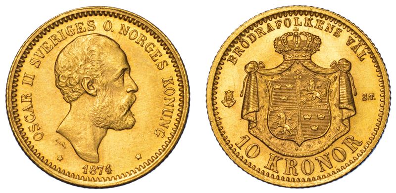 SVEZIA. OSKAR II, 1872-1907 10 Kronor 1874.  - Asta Numismatica Light - Cambi Casa d'Aste