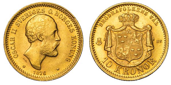SVEZIA. OSKAR II, 1872-1907. 10 Kronor 1876.