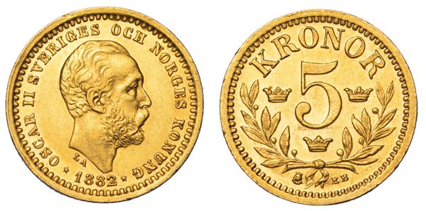SVEZIA. OSKAR II, 1872-1907. 5 Kronor 1882.