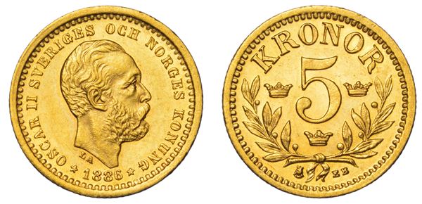 SVEZIA. OSKAR II, 1872-1907. 5 Kronor 1886.