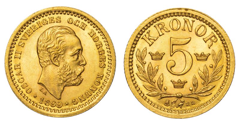 SVEZIA. OSKAR II, 1872-1907. 5 Kronor 1899.  - Auction Light Numismatics - Cambi Casa d'Aste