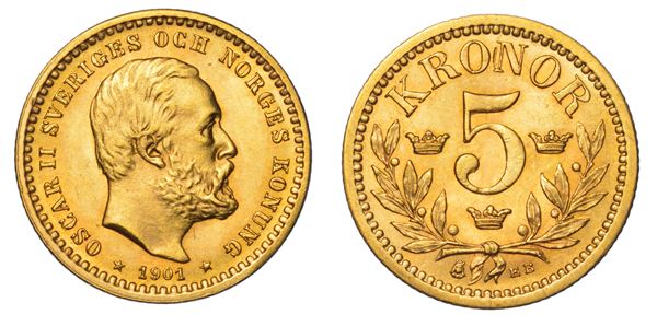 SVEZIA. OSKAR II, 1872-1907. 5 Kronor 1901.