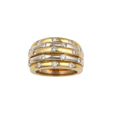 Anello a fascia in oro giallo e oro bianco con diamanti