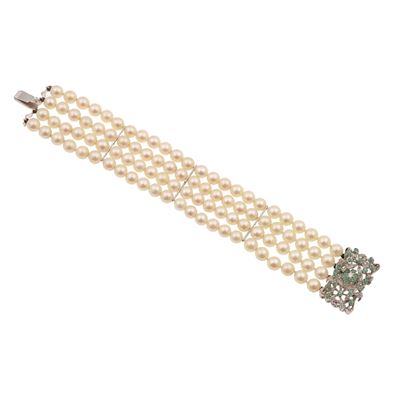Bracciale a quattro fili in oro bianco 750 con perle coltivate, smeraldi e diamante