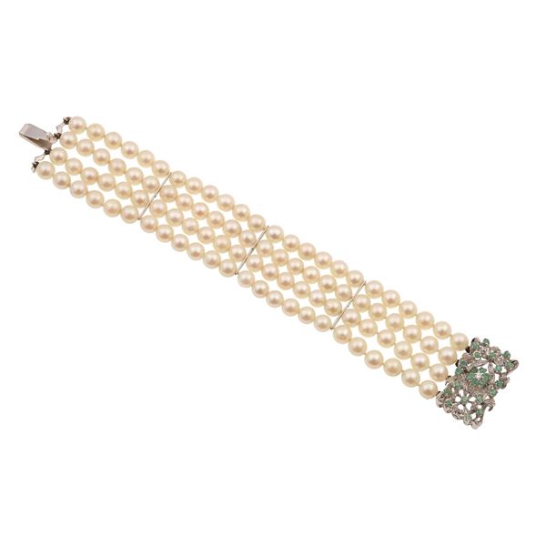 Cultured pearl, emerald, diamond and gold bracelet
