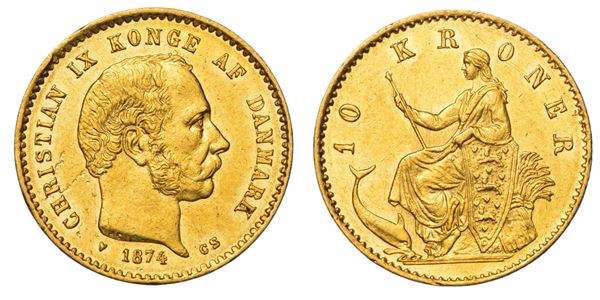 DANIMARCA. CHRISTIAN IX, 1863-1906. 10 Kroner 1874.