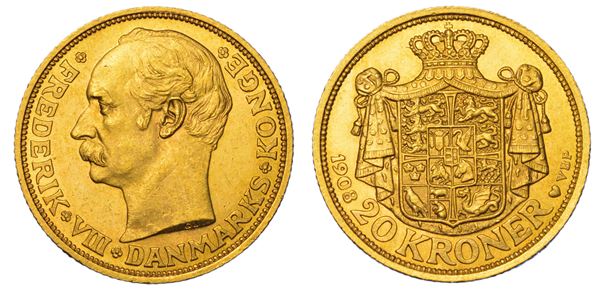 DANIMARCA. FREDERIK VIII, 1906-1912. 20 Kroner 1908.